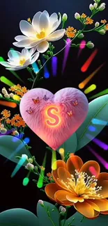 Vibrant floral and heart design with neon colors on a black background.
