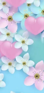 Pastel wallpaper with pink hearts and white flowers on a blue background.