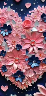 Heart-shaped floral pattern with pink and blue flowers.