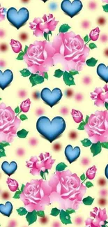 Pink roses and blue hearts on yellow wallpaper design.