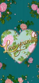 Elegant floral heart wallpaper with 'Love yourself' text on teal background.