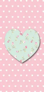 Pink floral heart wallpaper with polka dots background.