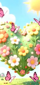 Floral heart with butterflies and sunshine wallpaper.