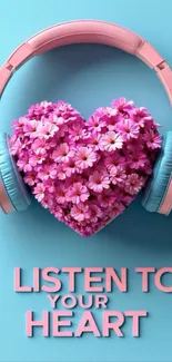 Floral heart with headphones on blue background