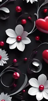 Elegant floral and heart design on black wallpaper.