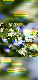 White flowers with rainbow heart overlays on a spring-themed wallpaper.