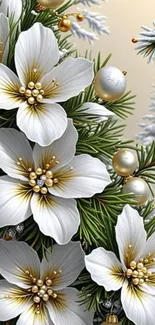 Festive floral holiday wallpaper with white flowers and ornaments.