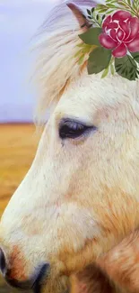 White horse with floral crown on serene beige background.