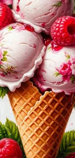 Floral ice cream cone with raspberries and leaves, artistic design.