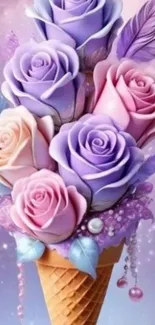 Whimsical floral ice cream cone with pastel roses.