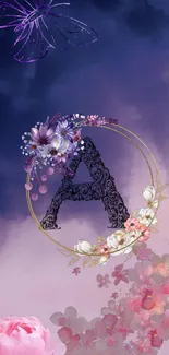 Floral initial A wallpaper with purple hue and elegant flower accents.