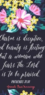 Floral wallpaper with an inspirational quote from Proverbs 31:30.