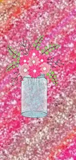 Hand-drawn floral jar on vibrant pink glitter background.