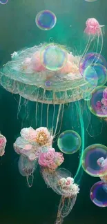 Jellyfish with pink flowers in a teal ocean fantasy setting.