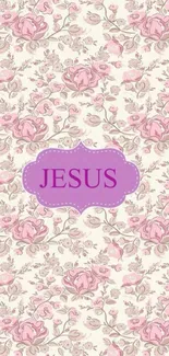 Floral wallpaper with pink roses and 'Jesus' text.