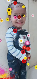 Smiling child with floral decorations and colorful background.