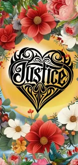 Mobile wallpaper with 'Justice' in an ornate floral design.