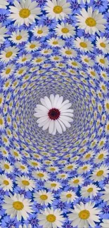 Kaleidoscope floral pattern with daisies in blue tones.