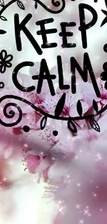 Keep Calm text over pink floral background with sparkles.