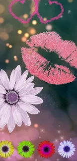 Mobile wallpaper with pink kiss and daisy.