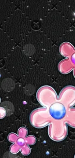 Floral leather wallpaper with pink flowers.