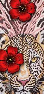 Vibrant floral leopard art wallpaper with red flowers and pink tones.