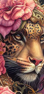 Leopard face with pink flowers in artistic wallpaper design.