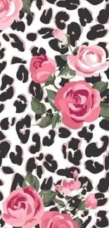 Mobile wallpaper with pink roses and leopard print pattern.