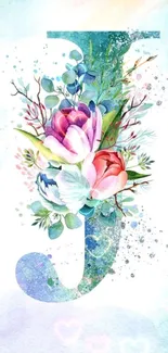 Watercolor letter J with vibrant flowers and greenery.