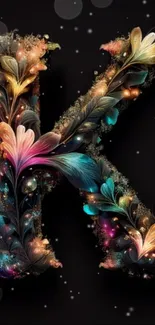 Artistic floral and feathered letter K design on a dark background wallpaper.