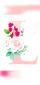 Pink letter L with floral design on white background.