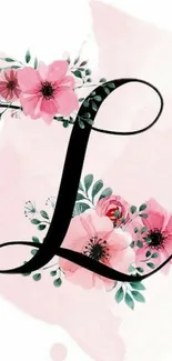 Elegant mobile wallpaper with floral letter design on pastel pink.