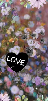 Colorful floral wallpaper with love heart.