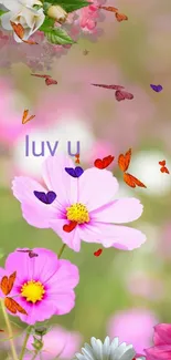 Pink flowers and butterflies mobile wallpaper with love theme.