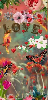 Vibrant wallpaper with flowers, butterflies, and 'Love' text.