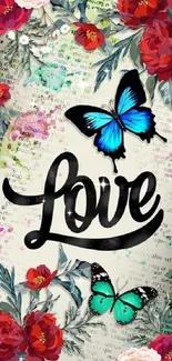 Floral wallpaper with love text and colorful butterflies.