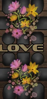 Dark mobile wallpaper with floral love design and wooden texture.