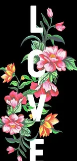 Colorful floral love wallpaper with black background.