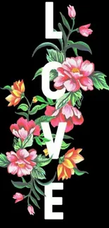 Colorful floral LOVE design on black background mobile wallpaper.