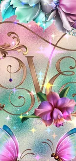 Floral wallpaper with love text and butterflies.