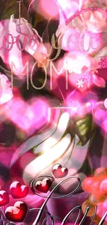 Floral wallpaper with 'I Love You Mom' text and pink flowers.