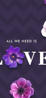 Purple floral wallpaper with love quote and chevron pattern.