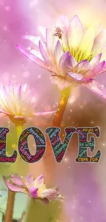 Love-themed flower wallpaper with pink and purple blossoms.