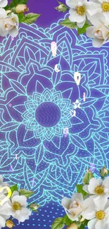 Floral mandala design on blue and purple background with white flowers.