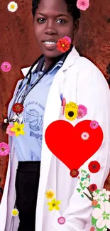 Colorful medical wallpaper with floral accents and a central red heart.