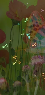 Vibrant floral wallpaper with musical notes.