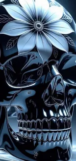 Metallic skull with floral design wallpaper.