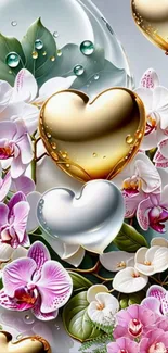 Elegant wallpaper with hearts and orchids.