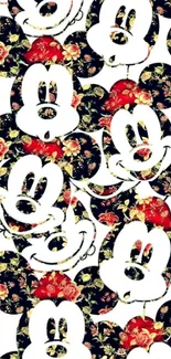 Mickey Mouse faces with floral background on mobile wallpaper.