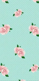 Mint green wallpaper with pink roses and polka dots.